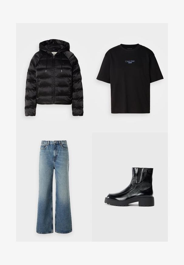 Svart puffy jakke med hette, med glidelås foran, elastiske mansjetter og en jevn, blank tekstur. Inkluderer logo detaljer på brystet.; Sort bomull t-skjorte med rund hals, korte ermer, og blå brodert "Calvin Klein JEANS" logo på forsiden.; Lys blå denimjeans med høy midje, bred benstil, lett falming og kontrastsøm; har frontlommer og knappelukking.; Svarte ankelstøvler med en blank lakkfinish, kraftig svart gummisåle og hevet hæl; inkluderer subtile logo-detaljer på siden.