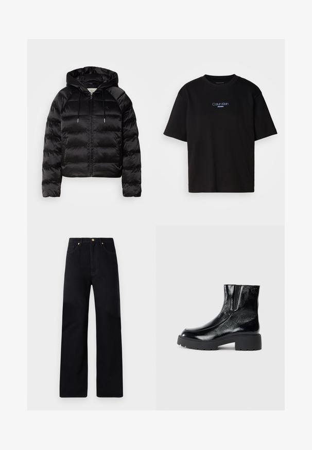 Black puffy jacket with a hood, featuring a zip front, elastic cuffs, and a smooth, glossy texture. Includes logo detail on the chest.; Black cotton t-shirt with a round neck, short sleeves, and blue embroidered "Calvin Klein JEANS" logo on the front.; Black denim trousers with a straight-leg fit, featuring a high waist, five pockets, golden hardware, and subtle stitching details.; Black ankle boots with a glossy patent leather finish, chunky black rubber sole, and raised heel; includes subtle logo detail on the side.