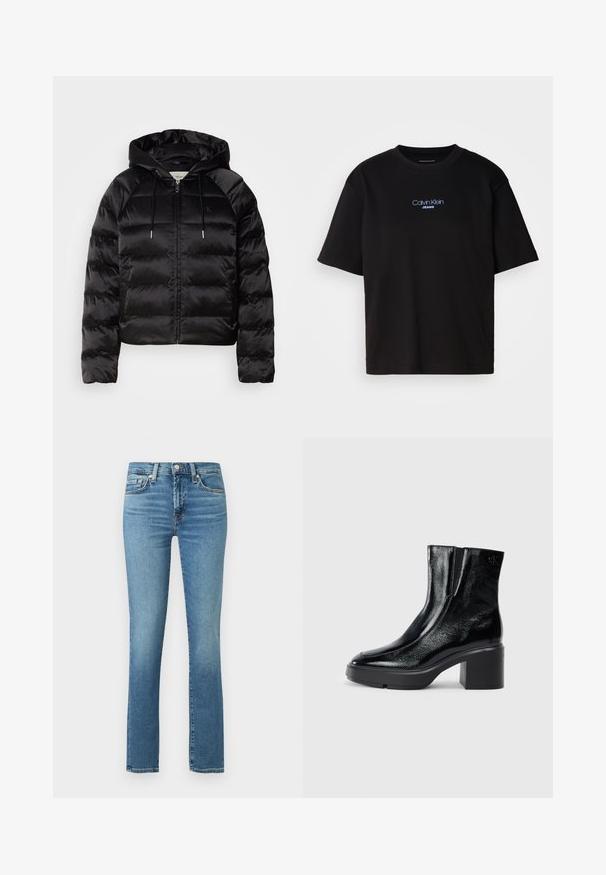 Černá nadýchaná bunda s kapucí, s předním zipem, elastickými manžetami a hladkým, lesklým povrchem. Obsahuje detail loga na hrudi.; Černé bavlněné tričko s kulatým výstřihem a krátkými rukávy, s modrou vyšitou nášivkou "Calvin Klein JEANS" na přední straně.; Modré džíny z denimu s těsnějším střihem, rovnými nohavicemi a mírným vyblednutím. Obsahují pět kapes a zipový rozkrok s knoflíkovým uzávěrem.; Černé lakované kotníkové boty s zakřivenou špičkou, elastickými bočními panely a robustním blokovým podpatkem. Na zadní straně se nachází embosované logo.