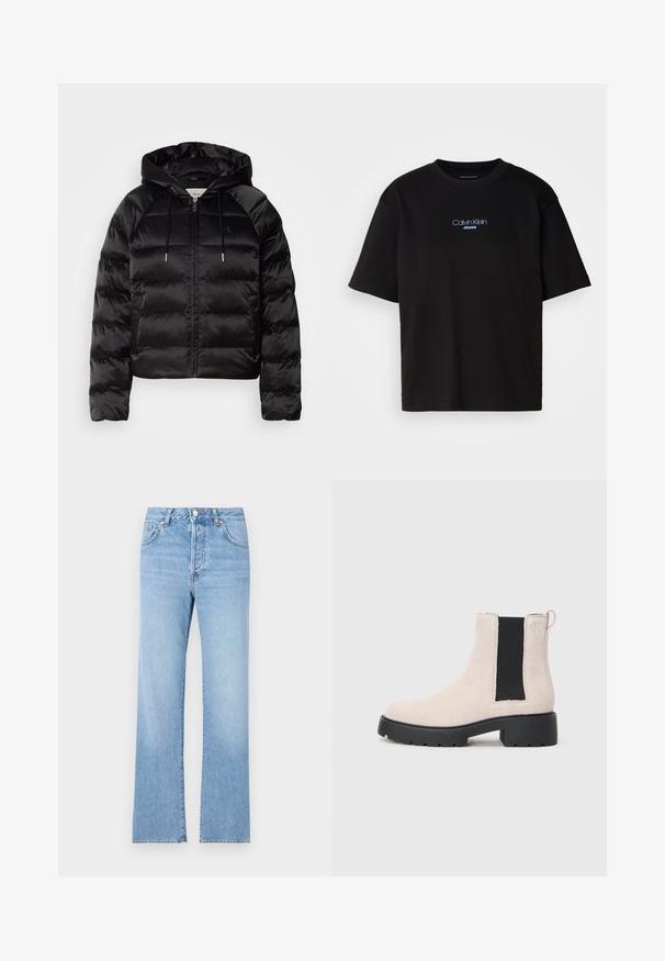 Must mustkade jope kapuutsiga, millel on luku ees, elastsed mansetid ja sujuv, läikiv tekstuur. Sisaldab logo detaili rinnal.; Mustmust särk ümmarguse kaelusega, lühikeste varrukatega ja sinise tikandiga "Calvin Klein JEANS" logo ees.; Heledad sinine teksapüksid sirge lõikega, kõrge vöökoht, viis taskut, nööbi sulgemine ja kude, millel on peene pleekimine.; Beez suède Chelsea saapad mustade venituspaneelidega, turske musta põhjaga ja käepidemega pahkluul.