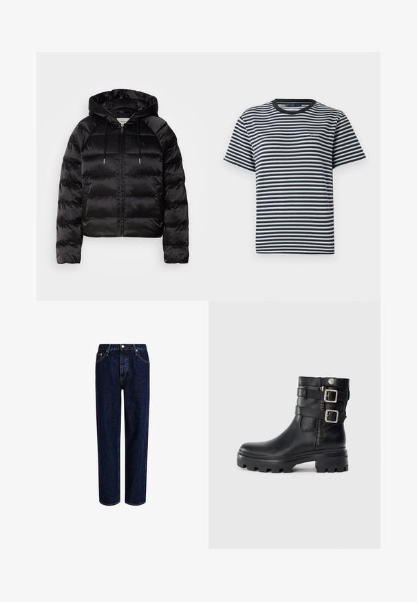 Casaco puffer preto com capuz, apresentando um fecho de correr frontal, punhos elásticos e uma textura suave e brilhante. Inclui detalhe do logótipo no peito.; T-shirt às riscas com riscas horizontais em preto e branco, decote redondo e mangas curtas. Feita de tecido leve e macio.; Jeans de ganga azul escuro com um design de perna reta, apresentando uma cintura alta, estilo de cinco bolsos e costura em contraste. Sem adornos.; Botim de tornozelo em pele preta com detalhes de fivela dupla, fecho de zíper, sola espessa e textura lisa. Apresenta um design robusto e estiloso.