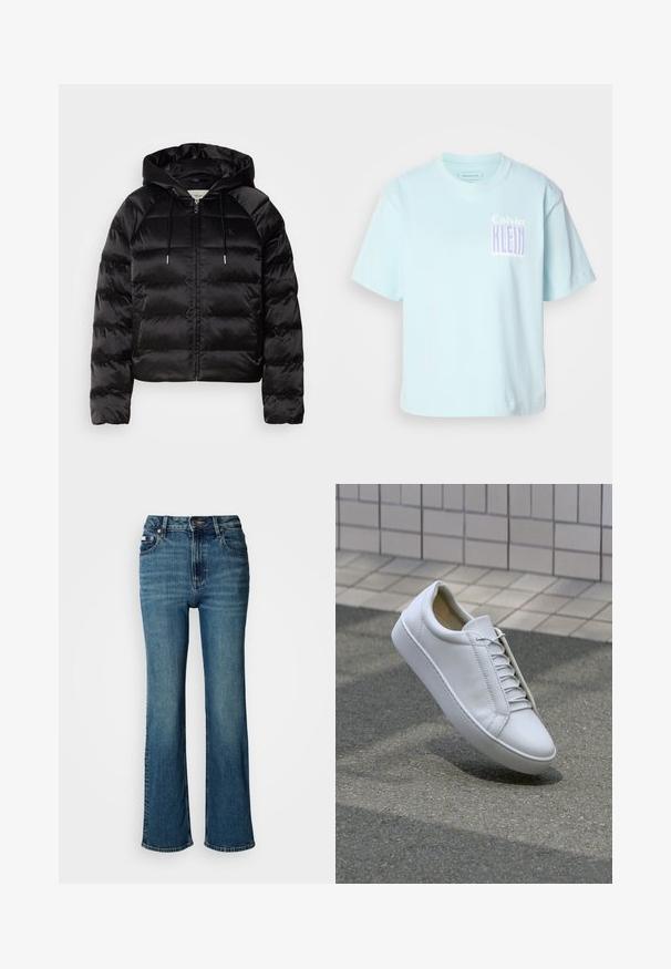 Mustat pörröiset takki hupulla, jossa on vetoketju edessä, elastiset hihansuut ja sileä, kiiltävä pinta. Sisältää logotarran rinnassa.; Vaaleansininen puuvillainen T-paita, jossa on pyöreä kaula-aukko ja lyhyet hihat. Etupuolella on graafinen kuvasto, jossa lukee "Calvin Klein" violetilla.; Korkeavyötäröiset siniset farkut, jotka on valmistettu denimistä, ja joissa on suora lahje, hienovarainen haalistuminen sekä tavallinen nappi- ja vetoketjusuljenta.; Valkoinen nahkainen lenkkari, jossa on pyöreä kärki, tasapohja ja kuusi paria silmukoita. Sileä pinta ja minimalistinen muotoilu, jossa on ompelutietoja.