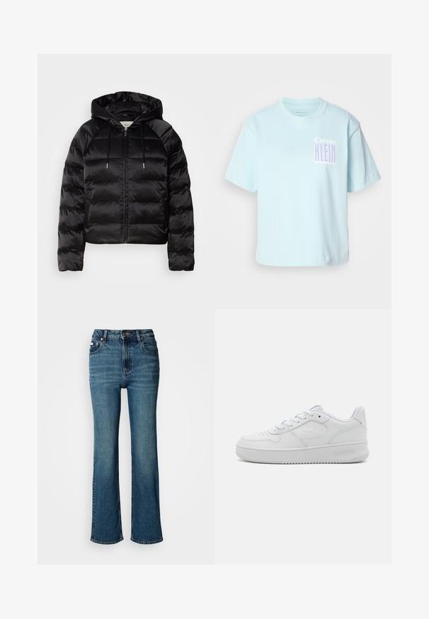 Jachetă pufosă neagră, cu glugă, cu fermoar în față, mansete elastice și o textură netedă, lucioasă. Include detalii cu logo pe piept.; Tricou din bumbac de culoare albastru deschis, cu guler rotund și mâneci scurte. Are un design grafic cu "Calvin Klein" în violet pe față.; Jeans albastre cu talie înaltă, din denim, cu un design drept, ușor decolorate și închidere standard cu buton și fermoar.; Adidași din piele albă cu un design low-top, suprafață texturată, vârf rotund, perforații pentru respirabilitate și logo embosat pe lateral.