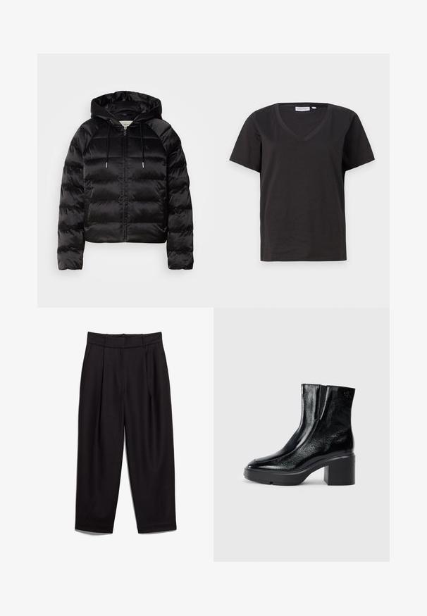 Black puffy jacket with a hood, featuring a zip front, elastic cuffs, and a smooth, glossy texture. Includes logo detail on the chest.; Black cotton T-shirt with a V-neck and short sleeves. Simple design with a regular fit and no patterns or accents.; Black tailored trousers with a high waistband, pleated front, and wide legs. Fabric appears smooth with subtle texture, suitable for formal attire.; Black patent leather ankle boots with a curved toe, elastic side panels, and a chunky block heel. Features embossed logo on the back.