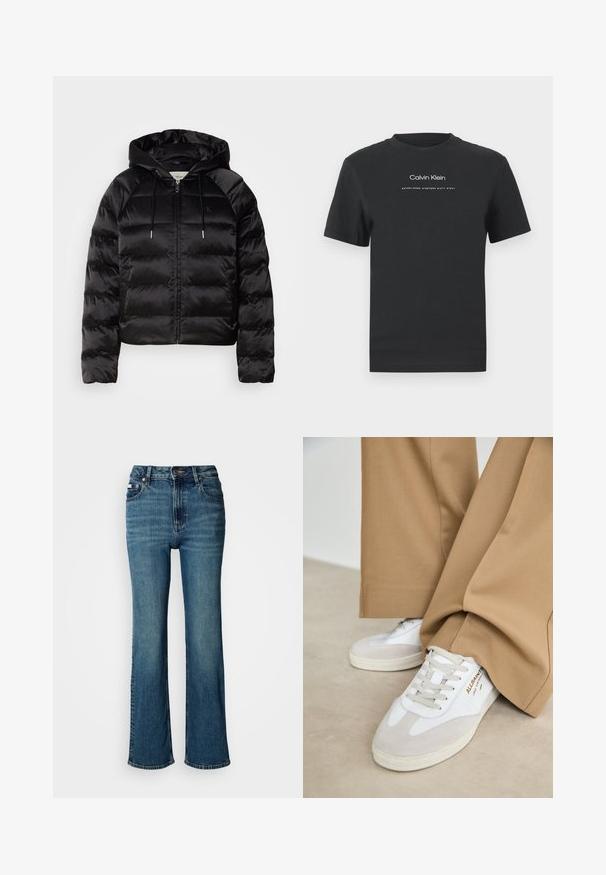 Black puffy jacket with a hood, featuring a zip front, elastic cuffs, and a smooth, glossy texture. Includes logo detail on the chest.; Black cotton T-shirt with a crew neckline, short sleeves, and white printed "Calvin Klein" logo and "Established 1968" text.; High-waisted blue jeans made of denim, featuring a straight leg design, subtle fading, and a standard button and zipper closure.; White sneakers with suede accents, textured laces, and a rubber sole. Paired with loose tan trousers. Logo displayed on the side.