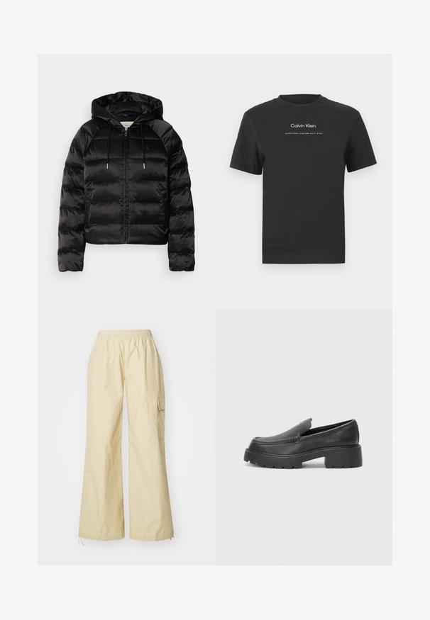 Juodas pūkuotas džemperis su gaubtu, turi užtrauktuką priekyje, elastingus rankogalius ir lygų, blizgų paviršių. Ant krūtinės yra logotipo detalė.; Juodas medvilninis marškinėliai su apvaliu kaklu, trumpomis rankovėmis ir baltu spausdintu "Calvin Klein" logotipu bei tekstu "Įkurtas 1968".; Platus kojas, šviesiai smėlinės kelnes su guminiu juosmeniu ir viena šonine kišene. Pagamintos iš minkštos, tekstūruotos medžiagos.; Juodi odiniai loaferiai su apvaliu pirštu, storu tekstūruotu padu ir minimaliu siūlių dekoru. Išskirtinis dizainas be matomų raištelių ar furnitūros.