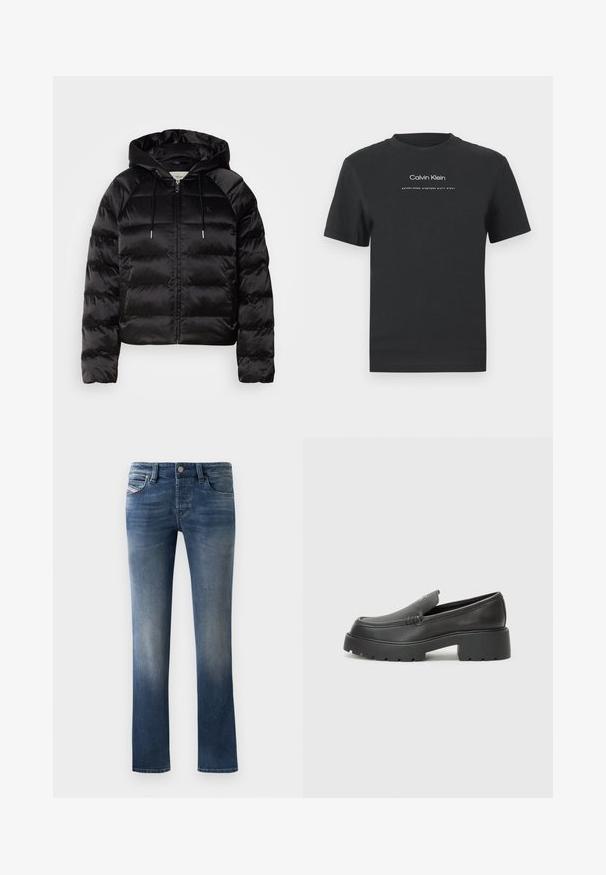 Casaco puffer preto com capuz, apresentando um fecho de correr frontal, punhos elásticos e uma textura suave e brilhante. Inclui detalhe do logótipo no peito.; T-shirt de algodão preto com decote redondo, mangas curtas e logotipo "Calvin Klein" impresso em branco, acompanhado do texto "Established 1968".; Jeans de denim azul-escuro com um design de perna reta, apresentando um ligeiro desvanecimento na parte das coxas e um estilo clássico de cinco bolsos.; Mocassins de couro preto com bico arredondado, sola espessa e texturizada, e detalhes de costura minimalistas. Design elegante sem atacadores ou ferragens visíveis.