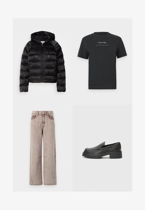 Melnas pūkainas jaka ar kapuci, ar rāvējslēdzēju priekšā, elastīgām piedurknēm un gludu, spīdīgu tekstūru. Satur logo detaļu uz krūtīm.; Melna kokvilnas T-kreklā ar apaļu apkakli, īsām piedurknēm un baltu uzdrukātu "Calvin Klein" logotipu un tekstu "Izveidots 1968".; Plati kāju, augsta jostasvieta džinsu bikses gaiši brūnā krāsā ar smalku tekstūru, piecu kabatu dizainu un redzamām šuvēm.; Melnas ādas mokasīni ar noapaļotu purngalu, biezs teksturēts zoles un minimālas dūriena detaļas. Gluds dizains bez redzamām auklām vai metāla elementiem.
