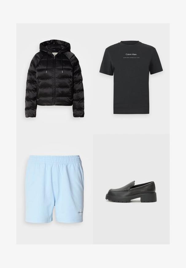 Melnas pūkainas jaka ar kapuci, ar rāvējslēdzēju priekšā, elastīgām piedurknēm un gludu, spīdīgu tekstūru. Satur logo detaļu uz krūtīm.; Melna kokvilnas T-kreklā ar apaļu apkakli, īsām piedurknēm un baltu uzdrukātu "Calvin Klein" logotipu un tekstu "Izveidots 1968".; Gaiši zili šorti ar elastīgu jostu, pieslēdzot "Calvin Klein" logotipu tuvumā apakšmalai, attēloti uz neitrāla fona.; Melnas ādas mokasīni ar noapaļotu purngalu, biezs teksturēts zoles un minimālas dūriena detaļas. Gluds dizains bez redzamām auklām vai metāla elementiem.