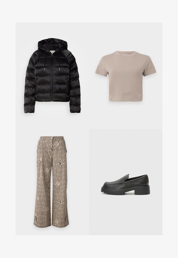 Jachetă pufosă neagră, cu glugă, cu fermoar în față, mansete elastice și o textură netedă, lucioasă. Include detalii cu logo pe piept.; Tricou scurt din bumbac, de culoare taupe, cu mânecă scurtă, decolteu rotund și detaliu mic cu marcă aproape de tivul de jos.; Pantaloni cu imprimeu leopard, cu picioare largi, în nuanțe de bej și maro, dintr-un material moale, având buzunare laterale și închidere cu nasture la talie.; Mocasini din piele neagră, cu vârf rotunjit, talpă groasă texturată și detalii minimale de cusătură. Design elegant, fără șireturi sau accesorii vizibile.