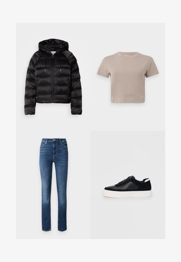 Must mustkade jope kapuutsiga, millel on luku ees, elastsed mansetid ja sujuv, läikiv tekstuur. Sisaldab logo detaili rinnal.; Taupe värvi lühikeste varrukatega T-särk, millel on ümar kaelus ja väike bränditud detail allääres.; Tumed sinine denim teksapükste sirge jalaga disain, viie tasku stiil ja peened hõõrdumised ees, et lisada tekstuuri.; Mustad mustad spordijalanõud siledast nahast ja sametist paneelidega, lame nööriga, ümar varvas ja valge kummist tallaga. Erakordne logo kontsas.