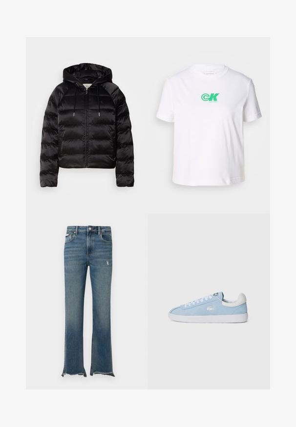 Crna pufasta jakna s kapuljačom, s patent zatvaračem sprijeda, elastičnim manžetama i glatkom, sjajnom teksturom. Sadrži detalj s logotipom na prsima.; Bijela pamučna majica s okruglim izrezom i kratkim rukavima, s zelenim Calvin Klein logotipom sprijeda. Klasičan, ravno krojen dizajn.; Plave traperice sa blagim oštećenjima, sirovim poderanim rubovima, prednjim džepovima, omčama za remen i zatvaračem na gumbe.; Svijetloplavi nubuck tenisice s bijelim vezicama i gumeni potplat. Sadrži mali srebrni logo sa strane i bijeli kožni ozel.