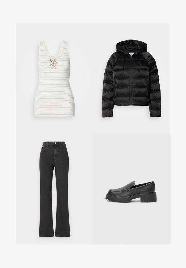 Casaco puffer preto com capuz, apresentando um fecho de correr frontal, punhos elásticos e uma textura suave e brilhante. Inclui detalhe do logótipo no peito.; Camisola sem mangas feita de tecido creme com riscas horizontais azuis e um logótipo centralizado em castanho "CALVIN KLEIN". Textura suave.; Jeans flared pretos de cintura alta feitos de denim, com fecho de botão, passadores para cinto e bolsos laterais. Textura suave com desbotamento mínimo.; Mocassins de couro preto com bico arredondado, sola espessa e texturizada, e detalhes de costura minimalistas. Design elegante sem atacadores ou ferragens visíveis.