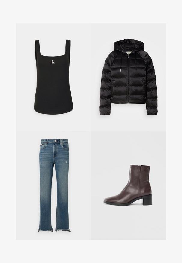 Czarna puchowa kurtka z kapturem, z suwakiem z przodu, elastycznymi mankietami i gładką, błyszczącą teksturą. Zawiera detal z logo na klatce piersiowej.; Czarny top bez rękawów z kwadratowym dekoltem, ryflowana tekstura i małe białe logo "cK" na klatce piersiowej, z szerokimi ramiączkami.; Niebieskie dżinsy z lekkim przetarciem, surowym postrzępionym wykończeniem na dole, przednimi kieszeniami, szlufkami na pasek i zapięciem na guzik.; Ciemnobrązowy skórzany botek za kostkę z kwadratowym noskiem, słupkiem i subtelnym wytłoczonym logo w pobliżu góry na jednolitym białym tle.