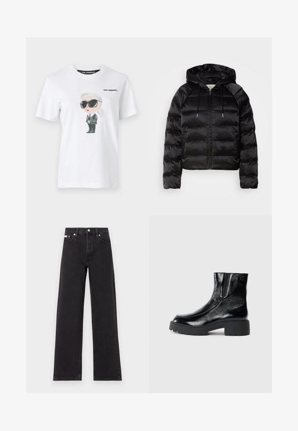 Must mustkade jope kapuutsiga, millel on luku ees, elastsed mansetid ja sujuv, läikiv tekstuur. Sisaldab logo detaili rinnal.; Valge puuvillane T-särk, millel on graafiline illustratsioon tegelasest mustade päikeseprillide ja ülikonnaga. Etiketil on tekst "KARL LAGERFELD."; Mustad laiad mustad teksad, millel on kõrge vöökoht, viie tasku stiil ja metallist nööpkinnitus kontrastsete õmblustega.; Mustad mustad tossud läikiva patendi nahaga viimistlusega, jäme musta kummist tald ja kõrgendatud konts; sisaldab külgedel peent logodegust.
