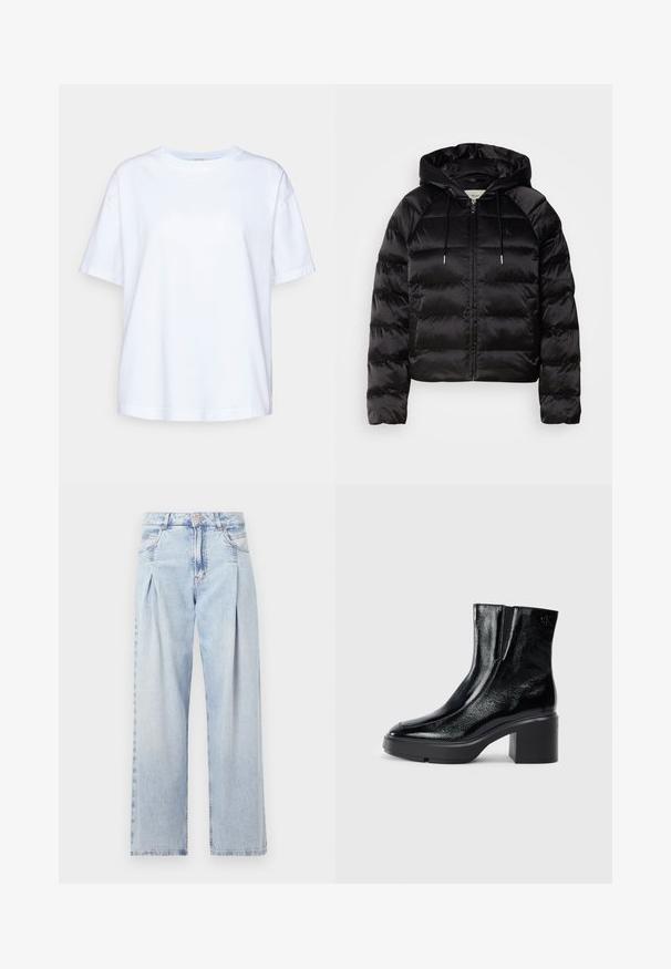 Juodas pūkuotas džemperis su gaubtu, turi užtrauktuką priekyje, elastingus rankogalius ir lygų, blizgų paviršių. Ant krūtinės yra logotipo detalė.; Balta medvilninė marškinė su trumpomis rankovėmis, apvaliu kaklu, laisvu siluetu, lygiu paviršiumi ir be matomų raštų ar akcentų.; Šviesiai mėlyni džinsai su aukštu liemeniu, plačiomis kojomis, dviem šoninėmis kišenėmis ir raukinių dizainu. Minkšta tekstūra su nudilusia apdaila.; Juodi lakiniai auliniai batai iki kulkšnies, su išlenktu pirštu, elastinėmis šoninėmis panelėmis ir masyviu blokuotu kulnu. Apdailoje užpakalinėje dalyje įspaustas logotipas.