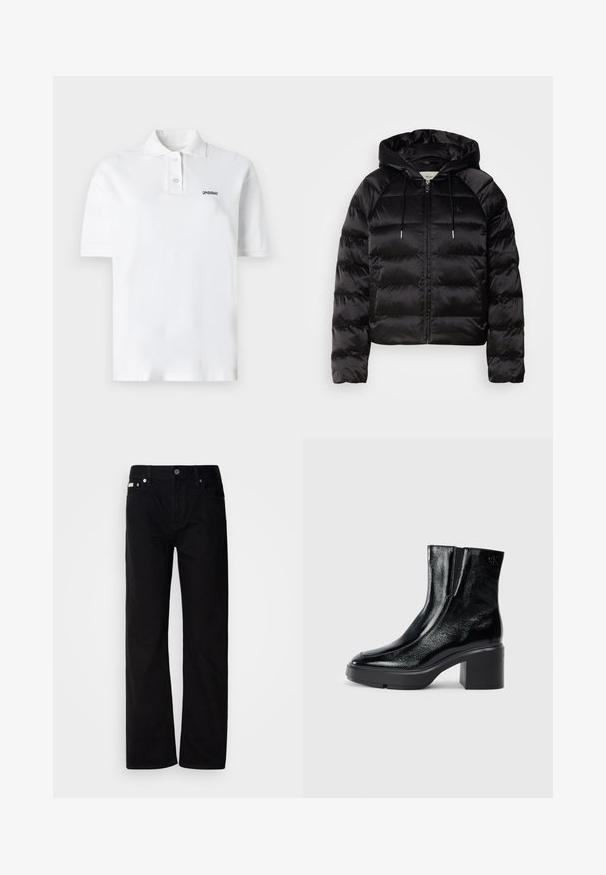 Svart puffy jakke med hette, med glidelås foran, elastiske mansjetter og en jevn, blank tekstur. Inkluderer logo detaljer på brystet.; Hvit piké laget av bomull, med klassisk krage, tre knapper og en liten svart logo på venstre bryst. Korte ermer.; Svart denim rettfittede bukser med fem lommer, sølvnitter og knappestolpe. Stoffet har en glatt, lett teksturert overflate.; Sorte lakkskinn ankelstøvler med buet tå, elastiske sidestykker og en chunky klossheel. Har preget logo på baksiden.