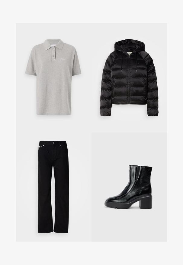 Must mustkade jope kapuutsiga, millel on luku ees, elastsed mansetid ja sujuv, läikiv tekstuur. Sisaldab logo detaili rinnal.; Hall halli puuvillane polo särk klassikalise kraega, lühikeste varrukatega ja väike valge logo vasakul rinnal. Kahest nööbist koosnev detail.; Mustad teksased sirge jala ja viie taskuga, hõbedaste neetide ja nupu sulgemisega. Kanga pind on sile, kerge tekstuuriga.; Mustmustest must paeltega särkide, millel on kõver varvas, elastsed külgpaneelid ja jäme plokkpealse. Tagaküljel on reljeefne logo.
