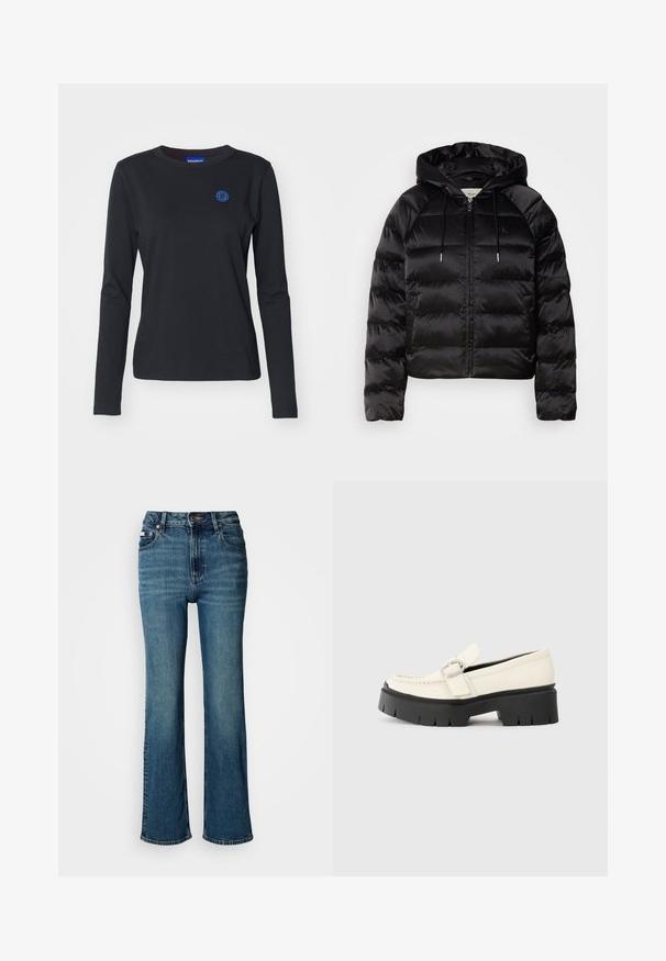 Mustat pörröiset takki hupulla, jossa on vetoketju edessä, elastiset hihansuut ja sileä, kiiltävä pinta. Sisältää logotarran rinnassa.; Musta pitkähihainen t-paita, joka on valmistettu puuvillasta, ja jossa on vasemmassa rinnassa sininen hymyilevä kasvologot ja pyöreä pääntie.; Korkeavyötäröiset siniset farkut, jotka on valmistettu denimistä, ja joissa on suora lahje, hienovarainen haalistuminen sekä tavallinen nappi- ja vetoketjusuljenta.; Valkoinen nahkainen loafers-kengät, joissa on paksu musta pohja, esillä suorakaiteen muotoinen hopeinen solki ja näkyvät ompelusaumat päällä.