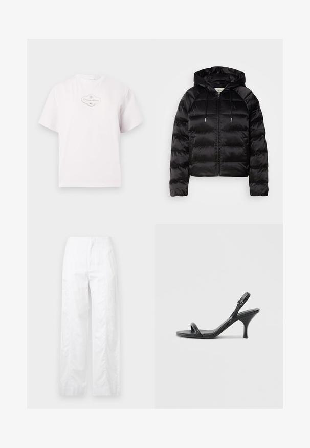 Black puffy jacket with a hood, featuring a zip front, elastic cuffs, and a smooth, glossy texture. Includes logo detail on the chest.; White cotton t-shirt with short sleeves and a round neckline, featuring a subtle grey logo graphic on the chest.; White wide-leg trousers made of lightweight fabric, featuring a smooth texture, clean lines, and a high waist design.; Black leather high-heeled sandals with a slim, curved heel and a crossed strap design. Adjustable ankle strap. Smooth texture.
