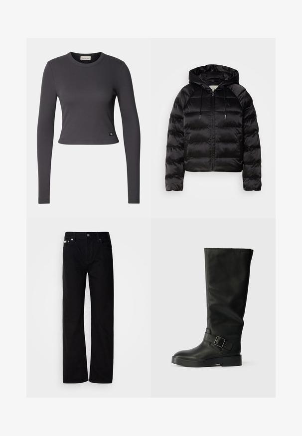 Črna puhovka s kapuco, z zadrgo spredaj, elastičnimi zapestji in gladko, sijajno teksturo. Vključuje podrobnost z logotipom na prsih.; Dolge rokave, skrajšan top v temno sivi rebrasti tkanini z okruglim izrezom in majhnim logotipom na robu. Gladka tekstura, prilegajoča oblika.; Črne jeanske hlače ravnega kroja s petimi žepi, srebrnimi zakovicami in gumbom za zapiranje. Tkanina ima gladko, rahlo strukturirano površino.; Črne škornje do kolen iz gladkega usnja, z okroglo noskom, debelim podplatom in vodoravno zanko z detajlom pravokotne sponke.