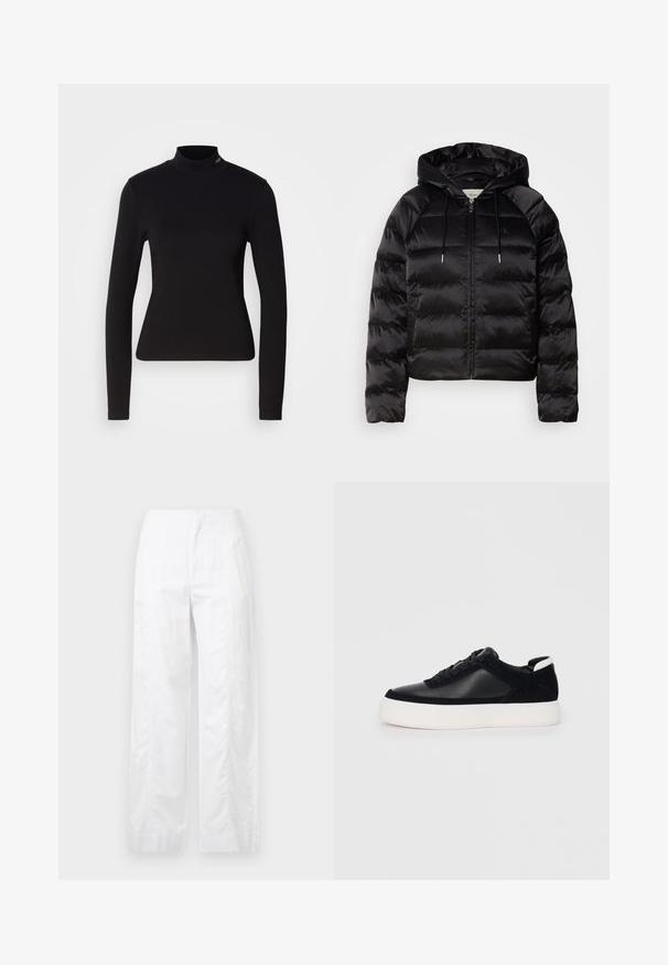 Black puffy jacket with a hood, featuring a zip front, elastic cuffs, and a smooth, glossy texture. Includes logo detail on the chest.; Black long-sleeve turtleneck top made of smooth fabric, featuring a fitted design and a small logo accent near the neckline.; White wide-leg trousers made of lightweight fabric, featuring a smooth texture, clean lines, and a high waist design.; Black sneaker with smooth leather and suede panels, flat laces, rounded toe, and a white rubber sole. Distinct logo on the heel.