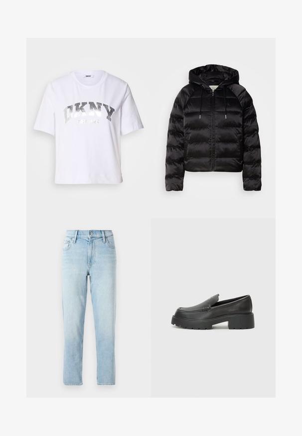 Casaco puffer preto com capuz, apresentando um fecho de correr frontal, punhos elásticos e uma textura suave e brilhante. Inclui detalhe do logótipo no peito.; T-shirt cropped branca feita de algodão, com uma impressão metálica prateada com "DKNY" e "New York" em letras grandes e em bloco.; Roupas de ganga de cor azul claro, design de perna reta, cintura média, com estilo de cinco bolsos e fecho de botão na frente.; Mocassins de couro preto com bico arredondado, sola espessa e texturizada, e detalhes de costura minimalistas. Design elegante sem atacadores ou ferragens visíveis.
