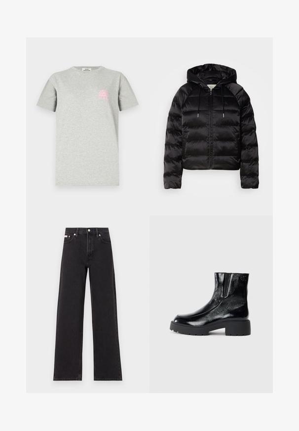 Black puffy jacket with a hood, featuring a zip front, elastic cuffs, and a smooth, glossy texture. Includes logo detail on the chest.; Grey cotton t-shirt featuring a round neckline, short sleeves, and a pink graphic of an arch with sun rays on the left chest.; Black wide-leg jeans made of denim, featuring a high-rise waist, five-pocket styling, and a metal button closure with contrasting stitching.; Black ankle boots with a glossy patent leather finish, chunky black rubber sole, and raised heel; includes subtle logo detail on the side.