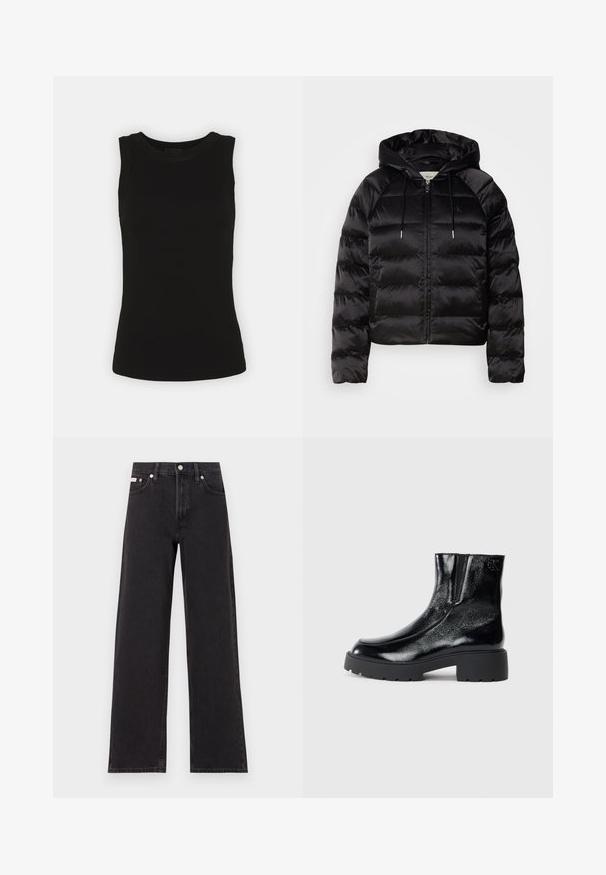 Jachetă pufosă neagră, cu glugă, cu fermoar în față, mansete elastice și o textură netedă, lucioasă. Include detalii cu logo pe piept.; Top negru fără mâneci, confecționat din bumbac cu textură ribbed, având un decolteu rotund și o siluetă ajustată.; Jeanși negri cu picioare largi, fabricați din denim, cu talie înaltă, stil cu cinci buzunare și închidere cu nasture metalic, cu cusături contrastante.; Botine negre până la gleznă, cu un finisaj de piele lacuită strălucitoare, talpă de cauciuc neagră masivă și toc înălțat; include detalii subtile cu logo pe lateral.