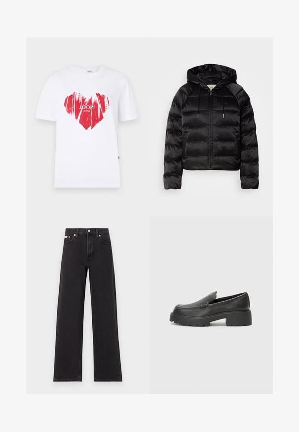 Must mustkade jope kapuutsiga, millel on luku ees, elastsed mansetid ja sujuv, läikiv tekstuur. Sisaldab logo detaili rinnal.; Valge puuvillane T-särk, mille esiküljel on suur punane südame graafika ja keskel tekst "JOOP! JEANS". Lühikeste varrukatega ja ümar kaelus.; Mustad laiad mustad teksad, millel on kõrge vöökoht, viie tasku stiil ja metallist nööpkinnitus kontrastsete õmblustega.; Mustad nahast loafers ümarate varvastega, paksu tekstuuriga tald ja minimaalsete õmbluse detailidega. Viimistletud disain, kus pole nähtavaid paelu ega riistu.