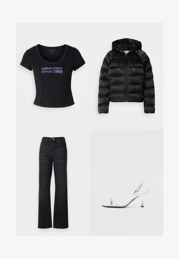 Svart puffy jakke med hette, med glidelås foran, elastiske mansjetter og en jevn, blank tekstur. Inkluderer logo detaljer på brystet.; Svart bomull t-skjorte med en tettsittende design, scoop-hals, korte ermer og hvit og lilla tekst som leser "calvin klein siden 1968."; Sorte denim vide bukser med høj talje, fem-lomme design og sølv metalknap. Stoffer har en glat tekstur og let stræk.; Sølv patentlær slingback høyhælt sandal med en smal tårem, justerbar spenne og en slank hæl.