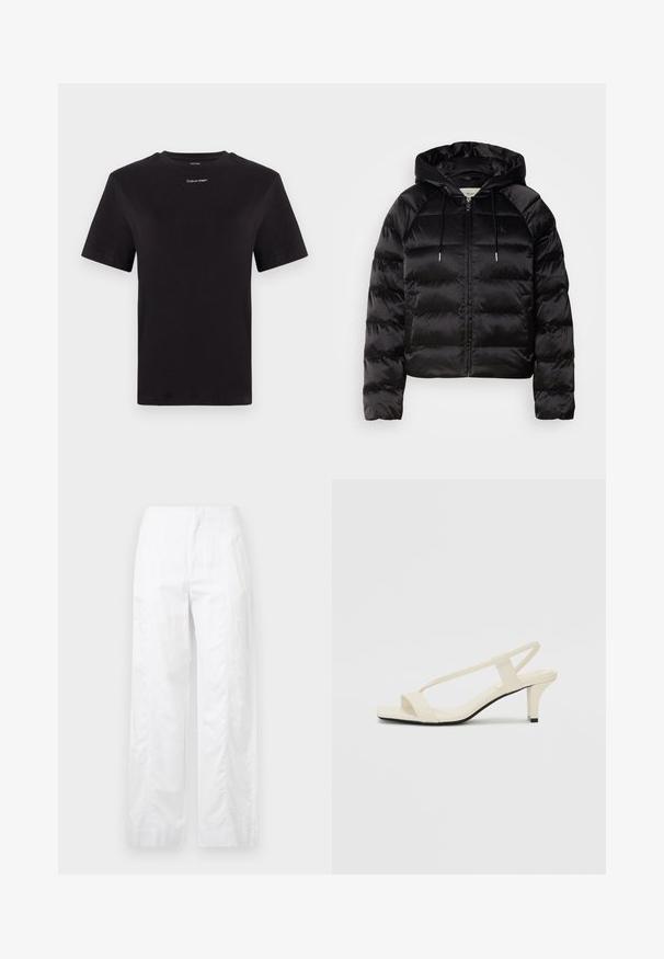 Black puffy jacket with a hood, featuring a zip front, elastic cuffs, and a smooth, glossy texture. Includes logo detail on the chest.; Black cotton t-shirt with short sleeves, crew neck, and small white "Calvin Klein" logo at the chest. Smooth texture, classic fit.; White wide-leg trousers made of lightweight fabric, featuring a smooth texture, clean lines, and a high waist design.; Beige block-heeled sandals with thin straps and a square toe. Smooth material with minimal detailing, designed for easy wear.