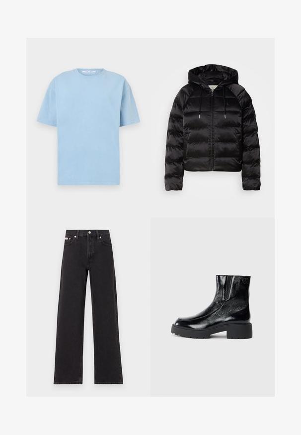 Zwarte pufferjack met capuchon, met een rits aan de voorkant, elastische manchetten en een soepele, glanzende textuur. Inclusief logo-opdruk op de borst.; Lichtblauw katoenen T-shirt met korte mouwen, voorzien van een ronde hals en een ontspannen, ongestructureerde pasvorm. Soepele textuur, minimalistisch ontwerp.; Zwarte wijde spijkerbroeken van denim, met een hoge taille, vijf-pocket stijl en een metalen knoopsluiting met contrasterende stiksels.; Zwarte enkellaarsjes met een glanzende lakleren afwerking, chunky zwarte rubberen zool en verhoogde hak; inclusief subtiele logo-detail aan de zijkant.