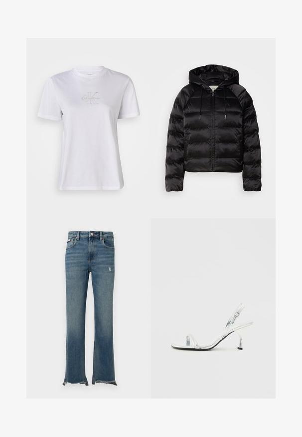 Svart puffy jakke med hette, med glidelås foran, elastiske mansjetter og en jevn, blank tekstur. Inkluderer logo detaljer på brystet.; Hvit bomull T-skjorte med kortermet, med en teksturert "Calvin Klein" logo i lys grå over brystet, rund halslinning.; Blå denimjeans med lett slitasje, rå frynsete kanter, frontlommer, beltestropper og knappelukking.; Sølv patentlær slingback høyhælt sandal med en smal tårem, justerbar spenne og en slank hæl.