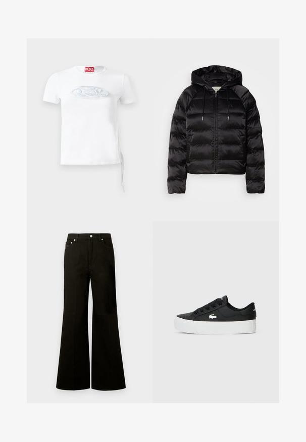 Casaco puffer preto com capuz, apresentando um fecho de correr frontal, punhos elásticos e uma textura suave e brilhante. Inclui detalhe do logótipo no peito.; T-shirt branco de manga curta feito de algodão. Apresenta um logo prateado texturizado na frente e cordões laterais para ajuste.; Calças de ganga pretas de cintura alta e perna larga, com botão e fecho éclair frontal, passadores para cinto e cinco bolsos, incluindo um pequeno bolso para moedas.; Sapatilha preta de cano baixo feita de material sintético, com sola de borracha branca, atacadores pretos e um pequeno logótipo branco na lateral.