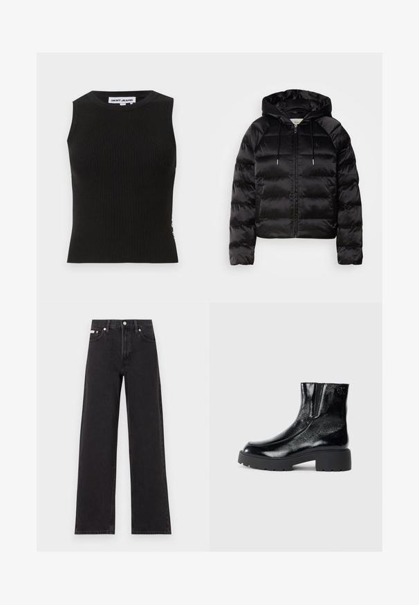 Casaco puffer preto com capuz, apresentando um fecho de correr frontal, punhos elásticos e uma textura suave e brilhante. Inclui detalhe do logótipo no peito.; Top de alças preto com decote redondo, apresentando um design justo e uma textura subtil. As nervuras estendem-se por todo o tecido.; Jeans de perna larga pretos feitos de denim, apresentando uma cintura alta, estilo de cinco bolsos e um fecho em botão de metal com costura contrastante.; Botas de tornozelo pretas com acabamento em pele envernizada brilhante, sola de borracha preta robusta e salto elevado; inclui um detalhe discreto do logótipo na lateral.
