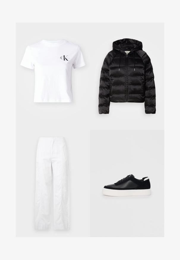 Fekete, kapucnis puffkabát, elülső cipzárral, elasztikus mandzsettákkal és sima, fényes felülettel. Mellkasi logó részlet is található rajta.; Fehér pamut póló kerek nyakkivágással, rövid ujjakkal és fekete Calvin Klein logóval a mellkason. Egyszerű, letisztult dizájn.; Fehér, széles szárú nadrág könnyű anyagból, sima textúrával, letisztult vonalakkal és magasderék kialakítással.; Fekete sportcipő sima bőrből és velúr panelekkel, lapos fűzőkkel, kerek orral és fehér gumi talppal. Megkülönböztető logó a sarkán.