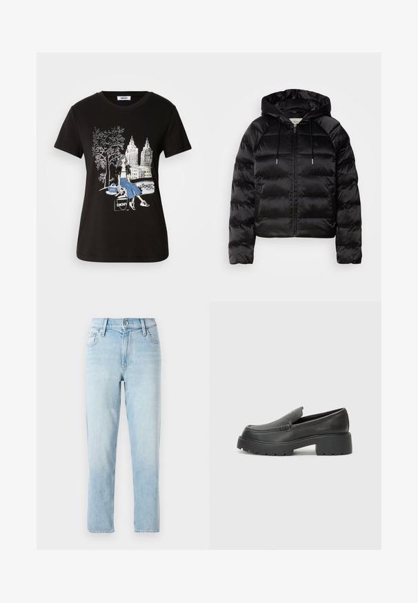 Svart puffy jakke med hette, med glidelås foran, elastiske mansjetter og en jevn, blank tekstur. Inkluderer logo detaljer på brystet.; Svart bomull T-skjorte med grafisk design av en kvinne med et tre og bylandskap, som fremhever kontrasterende farger og intrikate detaljer.; Lyseblå denimjeans, rett ben-design, midjehøyde, med fem lommer og en knappelukking foran.; Sorte skinnloafers med rund tå, tykk teksturert såle og minimale sømdetaljer. Strømlinjeformet design uten synlige snørebånd eller hardvarer.