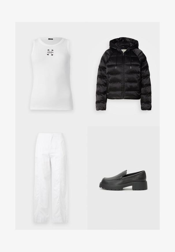 Casaco puffer preto com capuz, apresentando um fecho de correr frontal, punhos elásticos e uma textura suave e brilhante. Inclui detalhe do logótipo no peito.; Top branco sem mangas com textura canelada, gola redonda e logotipo preto bordado ao centro, apresentando detalhes de borboleta.; Calças brancas de perna larga feitas de um tecido leve, com uma textura suave, linhas limpas e um design de cintura alta.; Mocassins de couro preto com bico arredondado, sola espessa e texturizada, e detalhes de costura minimalistas. Design elegante sem atacadores ou ferragens visíveis.