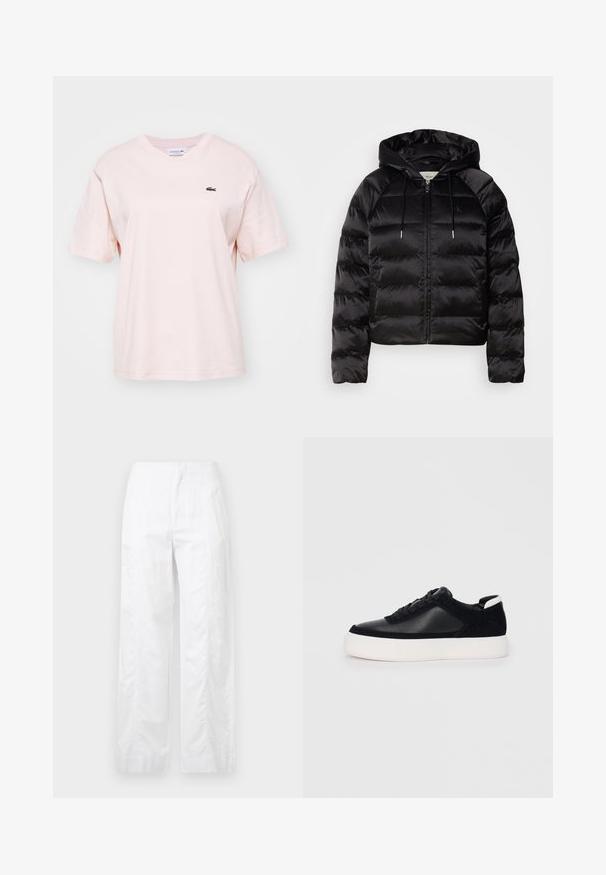 Casaco puffer preto com capuz, apresentando um fecho de correr frontal, punhos elásticos e uma textura suave e brilhante. Inclui detalhe do logótipo no peito.; T-shirt de algodão rosa claro com mangas curtas, gola redonda e pequeno logo verde da Lacoste no lado esquerdo do peito. Textura macia, ajuste confortável.; Calças brancas de perna larga feitas de um tecido leve, com uma textura suave, linhas limpas e um design de cintura alta.; Sapatilha preta com painéis de pele lisa e camurça, atacadores planos, bico arredondado e sola de borracha branca. Logótipo distinto no calcanhar.