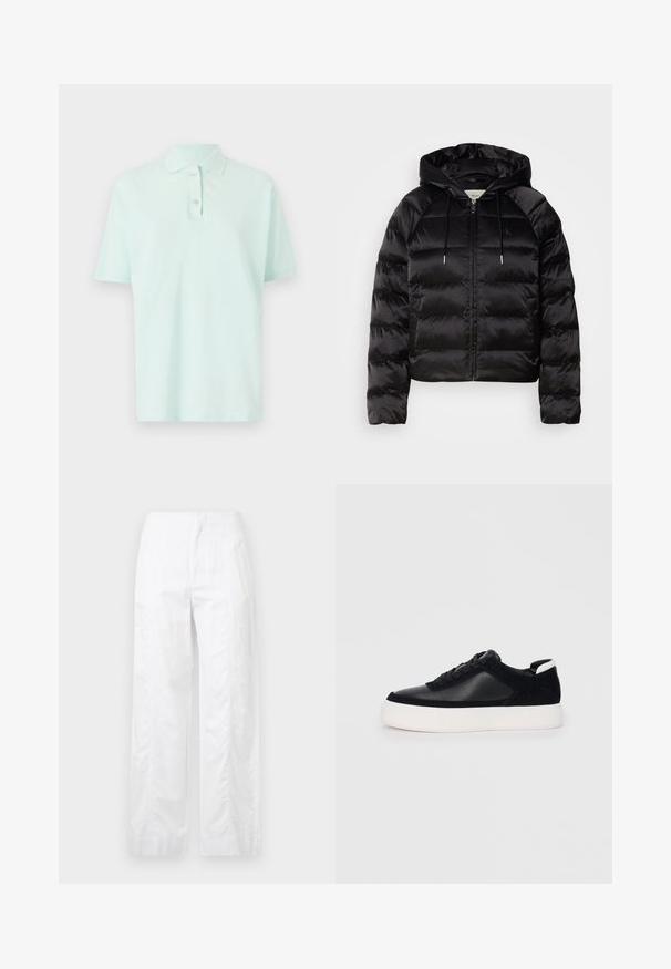 Fekete, kapucnis puffkabát, elülső cipzárral, elasztikus mandzsettákkal és sima, fényes felülettel. Mellkasi logó részlet is található rajta.; Világos mentazöld pólóing, 100% pamutból készült. Klasszikus gallérral, rövid ujjal és két gombos nyakkal rendelkezik. Diszkrét logó részlet.; Fehér, széles szárú nadrág könnyű anyagból, sima textúrával, letisztult vonalakkal és magasderék kialakítással.; Fekete sportcipő sima bőrből és velúr panelekkel, lapos fűzőkkel, kerek orral és fehér gumi talppal. Megkülönböztető logó a sarkán.