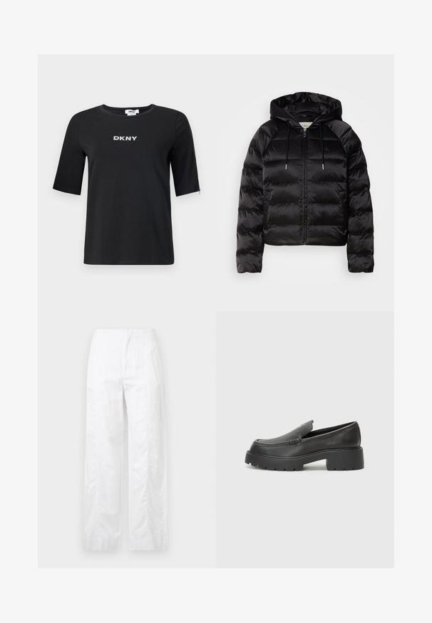 Casaco puffer preto com capuz, apresentando um fecho de correr frontal, punhos elásticos e uma textura suave e brilhante. Inclui detalhe do logótipo no peito.; T-shirt preto de manga curta feito de algodão com gola redonda. Apresenta um logo prateado "DKNY" na frente e um detalhe com fecho no braço.; Calças brancas de perna larga feitas de um tecido leve, com uma textura suave, linhas limpas e um design de cintura alta.; Mocassins de couro preto com bico arredondado, sola espessa e texturizada, e detalhes de costura minimalistas. Design elegante sem atacadores ou ferragens visíveis.