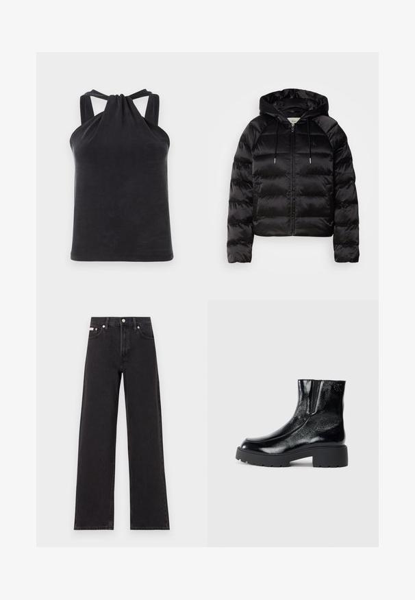 Sort pufferjakke med hætte, med lynlås foran, elastiske ærmer og en glat, blank overflade. Inkluderer logo-detalje på brystet.; Sort halterneck-top lavet af glat stof, med en knude detalje ved udskæringen og brede stropper, der forbinder til ryggen.; Sorte vidde jeans lavet af denim, med høj talje, fem-lomme stil og en metalknap lukning med kontrasterende syninger.; Sorte ankelstøvler med en blank patentlæderfinish, chunky sort gummisål og hævet hæl; inkluderer subtilt logodetalje på siden.
