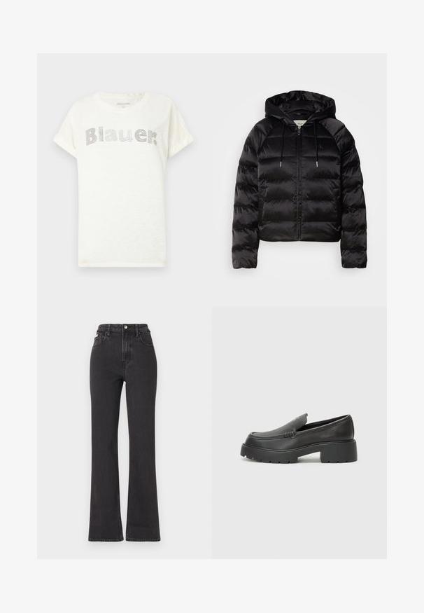 Chaqueta negra acolchada con capucha, con cierre de cremallera en la parte delantera, puños elásticos y una textura suave y brillante. Incluye un detalle de logo en el pecho.; Camiseta de manga corta blanca hecha de tela suave, con un logo 'Blauer' de puntos en el pecho. Las mangas enrolladas añaden un ajuste relajado.; Jeans de cintura alta negros en tejido de mezclilla, con cierre de botón, presillas para cinturón y bolsillos laterales. Textura suave con un desvanecimiento mínimo.; Mocasines de piel negra con punta redondeada, suela texturizada gruesa y mínimos detalles de costura. Diseño elegante sin cordones o herrajes visibles.