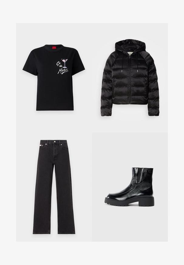 Čierna nadýchaná bunda s kapucňou, s predným zipsom, elastickými manžetami a hladkou, lesklou textúrou. Obsahuje detail loga na hrudi.; Čierne bavlnené tričko s krátkymi rukávmi, s bielou a ružovou grafikou martini pohára a textom "Ça va Merci" v hravom písme.; Čierne široké džínsy vyrobené z denimu, s vysokým pásom, piatimi vreckami a kovovým zapínaním s kontrastným šitím.; Čierne kotníkové topánky s lesklým patentným koženým povrchom, masívnou čiernou gumovou podrážkou a vyvýšeným podpätkom; na boku obsahujú jemný detail loga.