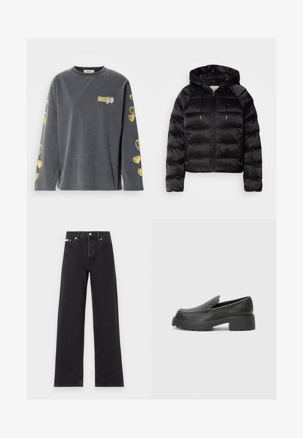 Zwarte pufferjack met capuchon, met een rits aan de voorkant, elastische manchetten en een soepele, glanzende textuur. Inclusief logo-opdruk op de borst.; Grijze langarmshirt met een ronde hals, versierd met gele hartpatronen langs de mouwen en een klein bedrukt logo aan de voorkant.; Zwarte wijde spijkerbroeken van denim, met een hoge taille, vijf-pocket stijl en een metalen knoopsluiting met contrasterende stiksels.; Zwarte leren instappers met een ronde neus, dikke getextureerde zool en minimale stikseldetails. Strak ontwerp zonder zichtbare veters of hardware.