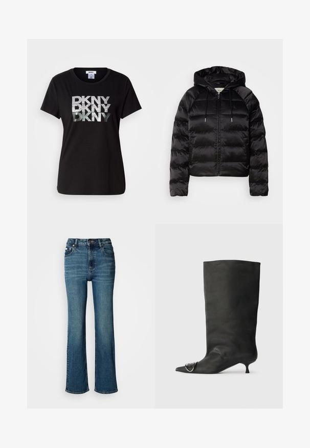 Černá nadýchaná bunda s kapucí, s předním zipem, elastickými manžetami a hladkým, lesklým povrchem. Obsahuje detail loga na hrudi.; Černé bavlněné tričko s velkým metalickým stříbrným a třpytivým logem "DKNY" potisknutým na přední straně. Krátké rukávy a design s kulatým výstřihem.; Džínsy s vysokým pasem modré barvy vyrobené z denimu, s rovnými nohavicemi, mírným vyblednutím a standardním zapínáním na knoflík a zip.; Černá kožená kotníková bota s špičatou špičkou, malým podpatkem a kovovým akcentem na špičce. Hladký, matný povrch po celém obvodu.