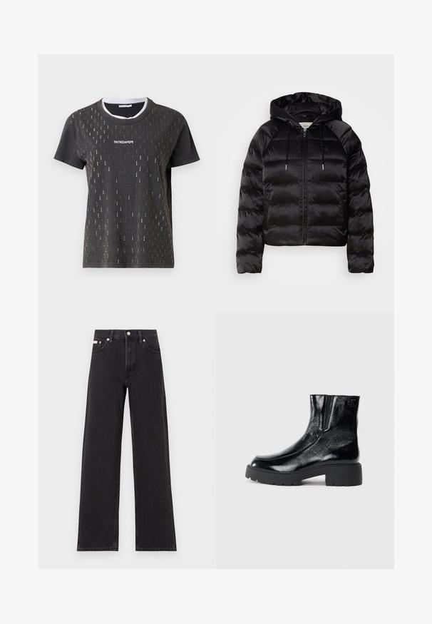 Zwarte pufferjack met capuchon, met een rits aan de voorkant, elastische manchetten en een soepele, glanzende textuur. Inclusief logo-opdruk op de borst.; Donkergrijze t-shirt met een ronde halslijn, versierd met gouden metallic accenten in een verticaal patroon. Het logo "PATRIZIAPEPE" is centraal weergegeven.; Zwarte wijde spijkerbroeken van denim, met een hoge taille, vijf-pocket stijl en een metalen knoopsluiting met contrasterende stiksels.; Zwarte enkellaarsjes met een glanzende lakleren afwerking, chunky zwarte rubberen zool en verhoogde hak; inclusief subtiele logo-detail aan de zijkant.