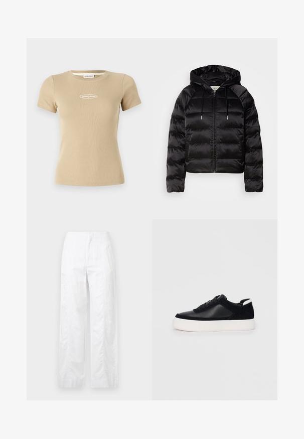 Črna puhovka s kapuco, z zadrgo spredaj, elastičnimi zapestji in gladko, sijajno teksturo. Vključuje podrobnost z logotipom na prsih.; Bež majica s kratkimi rokavi in rebrastim vzorcem, okroglim izreza in belim logotipom "guess jeans" spredaj. Mehka tekstura tkanine.; Bela široka hlače iz lahkega materiala, ki se ponašajo z gladko teksturo, čistimi linijami in visokim pasom.; Črne športne copate z gladko usnjeno in semišnimi paneli, ravnimi vezalkami, zaobljenim nosom in belim gumijastim podplatom. Oznaka na peti.
