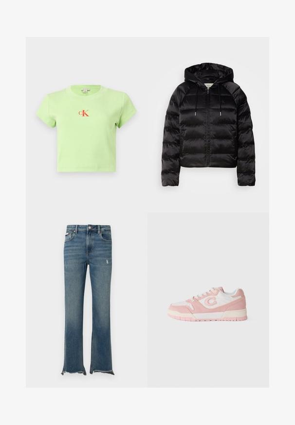 Must mustkade jope kapuutsiga, millel on luku ees, elastsed mansetid ja sujuv, läikiv tekstuur. Sisaldab logo detaili rinnal.; Hele rohelise värvi ribatud puuvillane T-särk ümmarguse kaeluse ja lühikeste varrukatega. Käsitleb kesklinnas punast "CK" logo disaini.; Sinised teksapüksid kergelt kulunud detailidega, toores narmendav äär, esimesed taskud, vööaasad ja nööpkinnitus.; Ketsid, mis on valmistatud roosa nubukist ja valgest nahast, ümarate varvastega, nöörimise disainiga ja tekstuurse kummitaldiga.